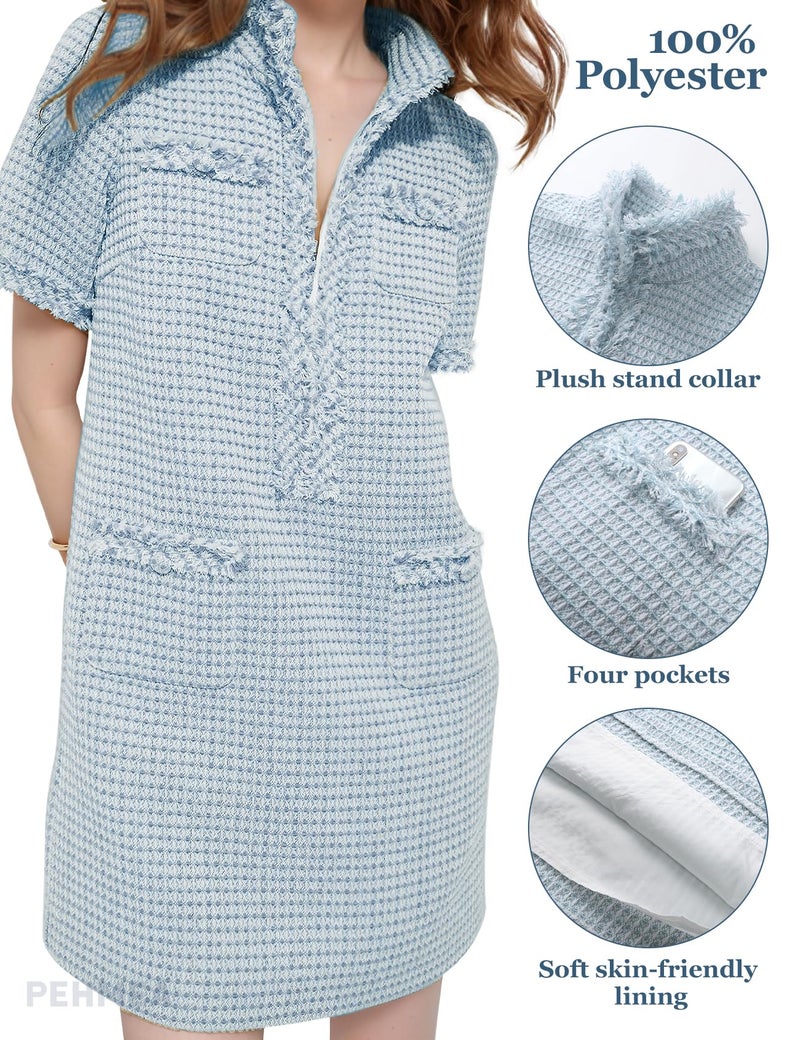 PEHMEA Women's Tweed Dress, Short Sleeve Straight Tube Mini Dress with Pockets for Business Party Work(Blue-S) - Image 5