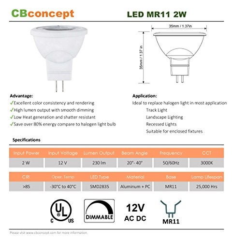 CBconcept UL-Listed MR11 GU4.0 LED Light Bulbs, 10-Pack, 2 Watt, Dimmable 230 Lumen, Warm White 3000K, 36° Beam Angle, 12 Volt, Landscape/Accent/Recessed/Track Lighting - Image 3