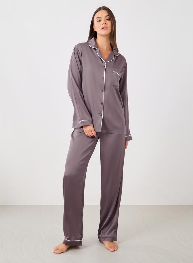 Styli Piped Detail Matte Satin Long Sleeve Pocket Shirt and Pyjama Set - Image 1