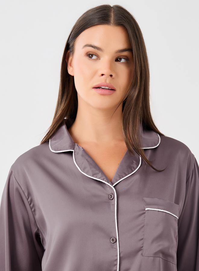 Styli Piped Detail Matte Satin Long Sleeve Pocket Shirt and Pyjama Set - Image 3