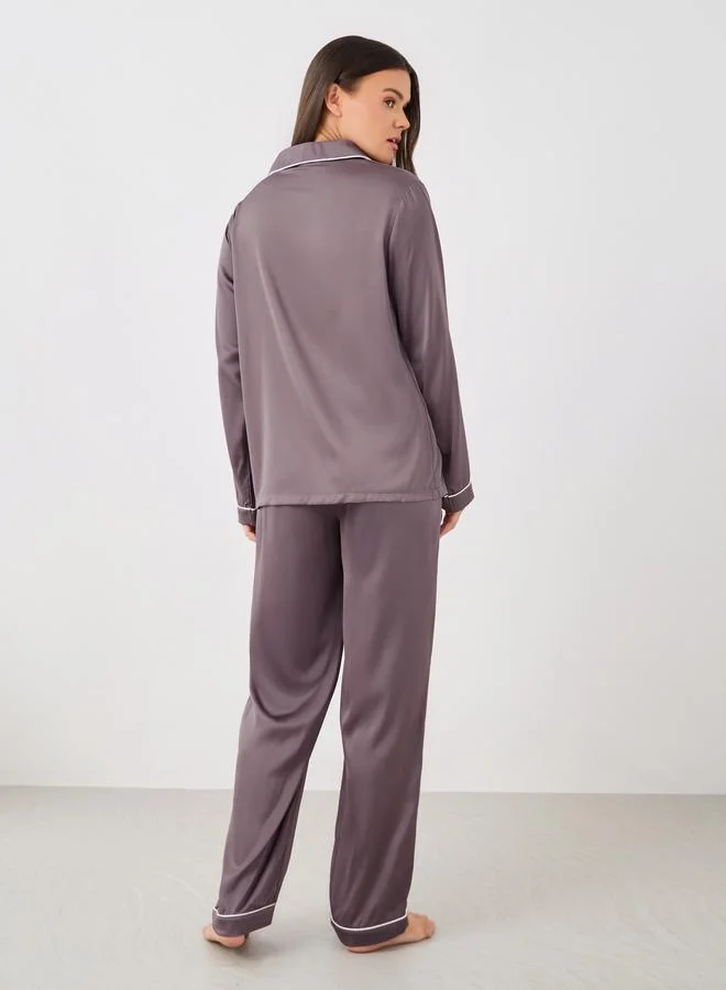 Styli Styli Piped Detail Matte Satin Long Sleeve Pocket Shirt and Pyjama Set