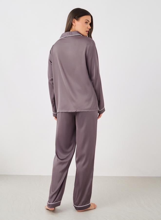 Styli Piped Detail Matte Satin Long Sleeve Pocket Shirt and Pyjama Set - Image 5