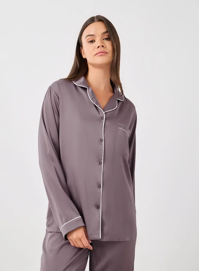 ستايلي Styli Piped Detail Matte Satin Long Sleeve Pocket Shirt and Pyjama Set