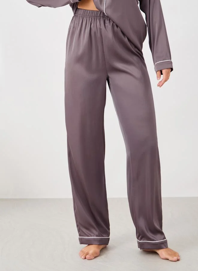 Styli Styli Piped Detail Matte Satin Long Sleeve Pocket Shirt and Pyjama Set