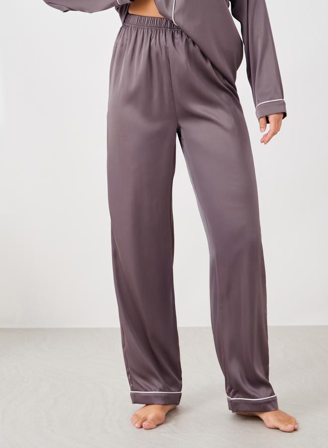 Styli Piped Detail Matte Satin Long Sleeve Pocket Shirt and Pyjama Set - Image 4