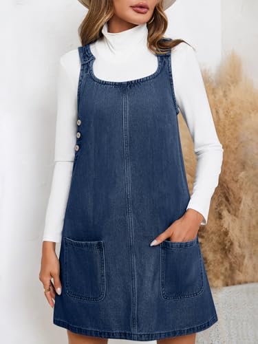 BZB Women's Sleeveless Casual Denim Dress Crewneck Vintage Loose Jean Overall Dress with Pockets Navy Blue - Image 2