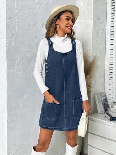 BZB Women's Sleeveless Casual Denim Dress Crewneck Vintage Loose Jean Overall Dress with Pockets Navy Blue - Image 5