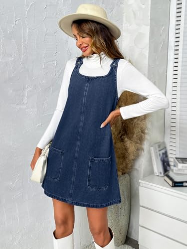 BZB Women's Sleeveless Casual Denim Dress Crewneck Vintage Loose Jean Overall Dress with Pockets Navy Blue - Image 3