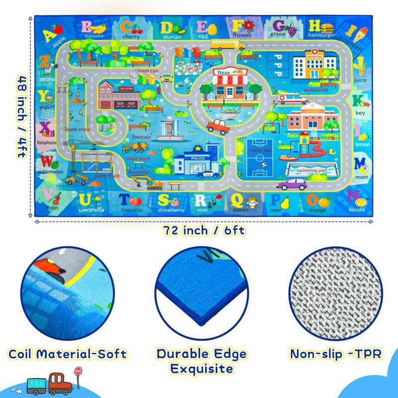 Chicrug 4x6 Car Road Area Rug for Kids Playroom Bedroom, Non Slip Low Pile Washable ABC Alphabet Carpet for Classroom, Track Play Mat for Toddler Children Nursery Baby Room Decor, Blue - Image 2