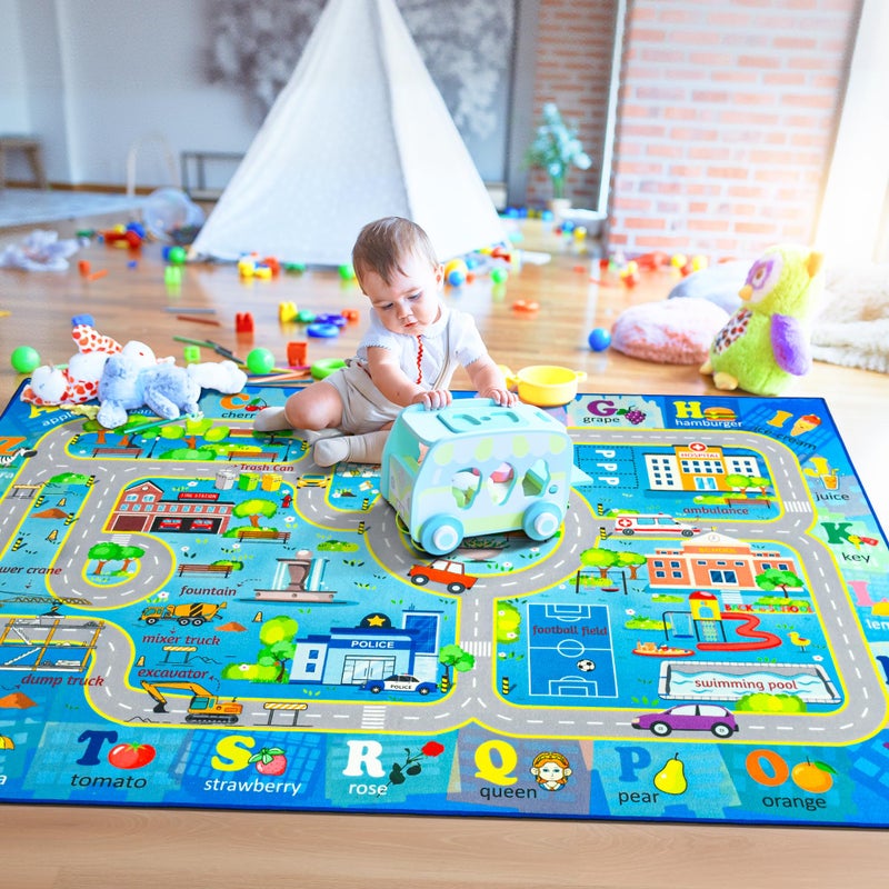 Chicrug 4x6 Car Road Area Rug for Kids Playroom Bedroom, Non Slip Low Pile Washable ABC Alphabet Carpet for Classroom, Track Play Mat for Toddler Children Nursery Baby Room Decor, Blue - Image 4