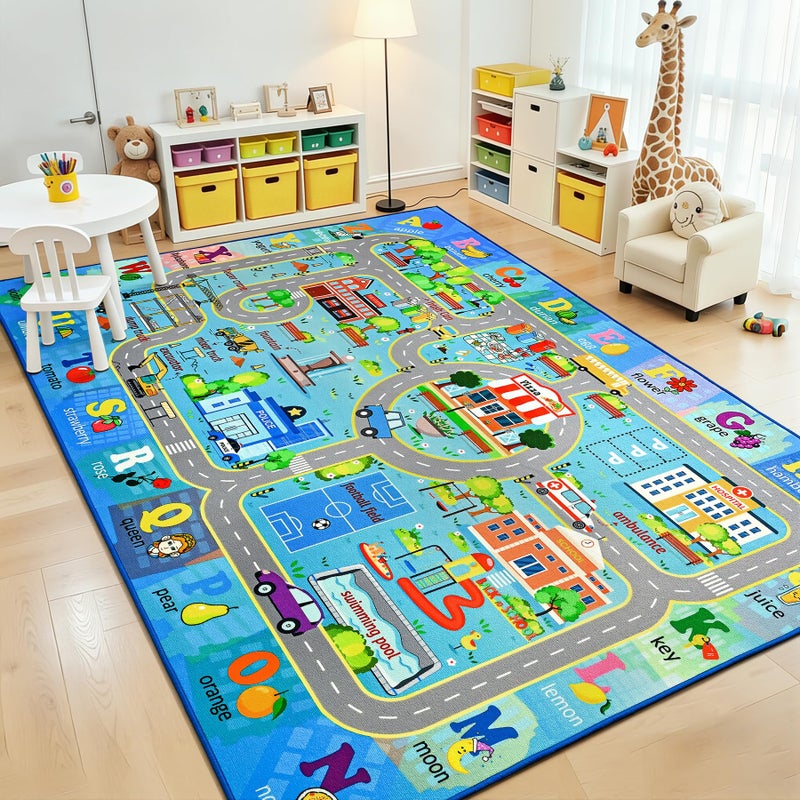 Chicrug 4x6 Car Road Area Rug for Kids Playroom Bedroom, Non Slip Low Pile Washable ABC Alphabet Carpet for Classroom, Track Play Mat for Toddler Children Nursery Baby Room Decor, Blue - Image 1