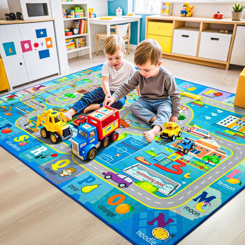 Chicrug 4x6 Car Road Area Rug for Kids Playroom Bedroom, Non Slip Low Pile Washable ABC Alphabet Carpet for Classroom, Track Play Mat for Toddler Children Nursery Baby Room Decor, Blue - Image 3