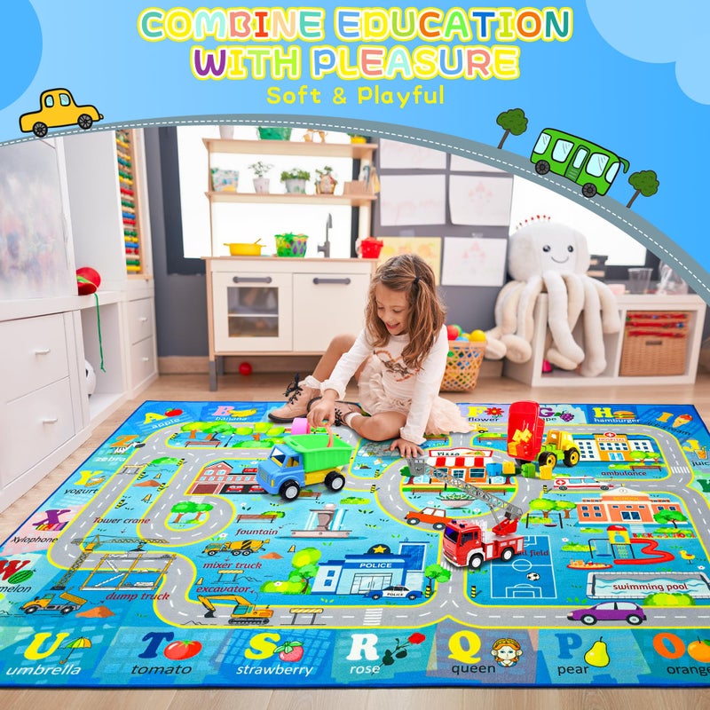 Chicrug 4x6 Car Road Area Rug for Kids Playroom Bedroom, Non Slip Low Pile Washable ABC Alphabet Carpet for Classroom, Track Play Mat for Toddler Children Nursery Baby Room Decor, Blue - Image 5