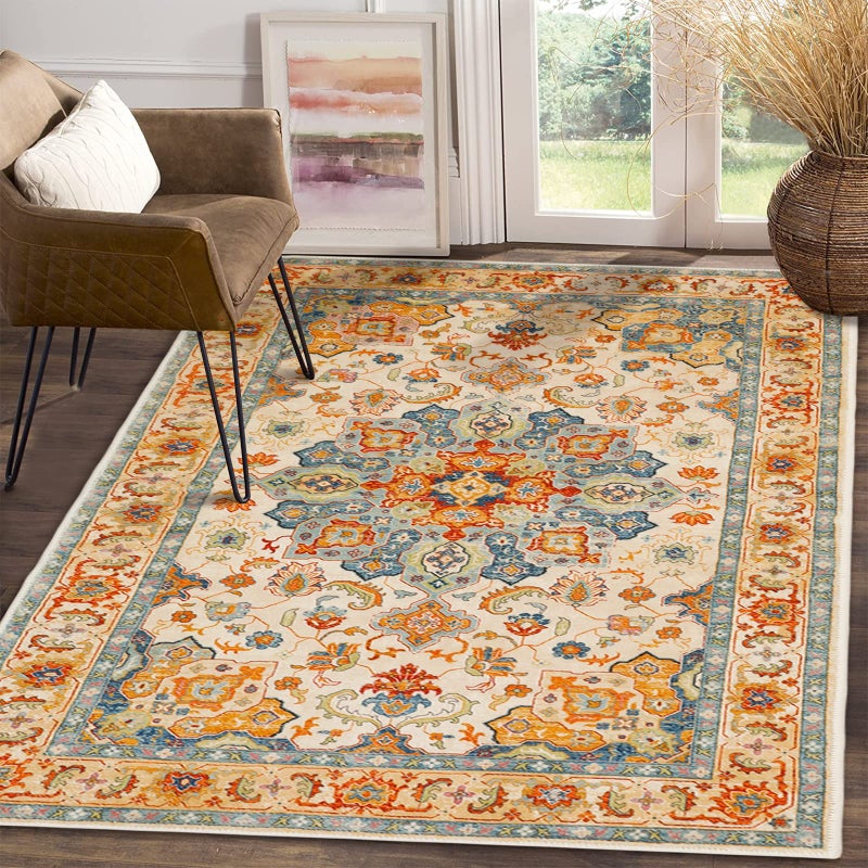 COMSLE Boho Area Rug 4 x 6 Machine Washable Rugs for Entryway Faux Wool Large Rugs Distressed Throw Rug NonSlip Floor Carpet for Indoor Bedroom Kitchen Living Room