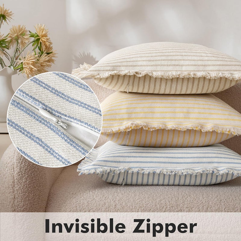 MIULEE Pack of 2 Light Blue Pillow Covers 20x20 Inch Striped Farmhouse Couch Spring Throw Pillow Covers with Fringe Chic Cotton Decorative Cushion Covers for Sofa Living Room Bed Outdoor Home Decor - Image 3