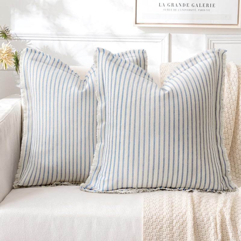 MIULEE Pack of 2 Light Blue Pillow Covers 20x20 Inch Striped Farmhouse Couch Spring Throw Pillow Covers with Fringe Chic Cotton Decorative Cushion Covers for Sofa Living Room Bed Outdoor Home Decor - Image 1