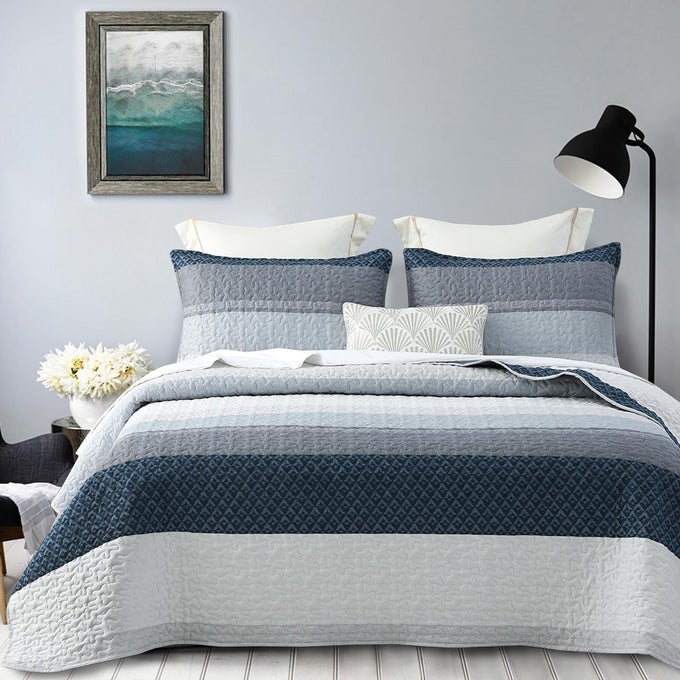 STRIPED QUILT SET KING SIZE 3PCS BLUE NAVY STRIPED PATCHWORK PATTERN ALL SEASON LIGHTWEIGHT COVERLET SETSKING 106X96 BLUE PATCHWORK
