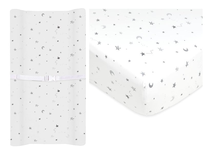 American Baby Company American Baby Company Crib Bedding Bundle Set a 100 Cotton Fitted Standard Crib Sheet and a Fitted Contoured Changing Table Pad Cover Gray Star for Boys and Girls 