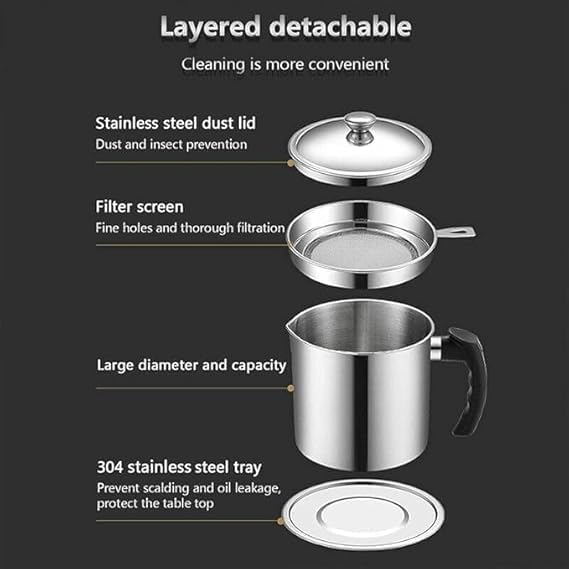 ZMOXY Oil Strainer Pot Grease Can Stainless Steel Cooking Grease ContainerReuse Oil Storage Can Container with Removable Filter AntiScalding Handheld Lid for Cooking Oil1400ML - Image 3