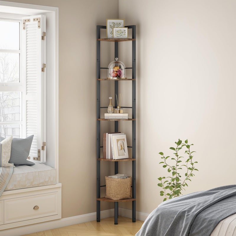 Tajsoon Narrow Corner Shelf Stand 5 Tier 665 Industrial Corner Ladder Shelves with Metal Frame Multipurpose Tall Corner Bookshelf Bedroom Living Room Office Kitchen Rustic Brown