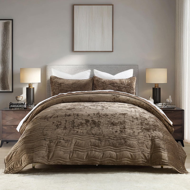 AJOCCI Velvet Quilt Set, Mocha Brown Velvet Quilt Queen Size Comforter Set, Luxury Bedding Soft Plush Bedspread, Machine Washable Coverlet, All-Season 3 Pieces - Image 1