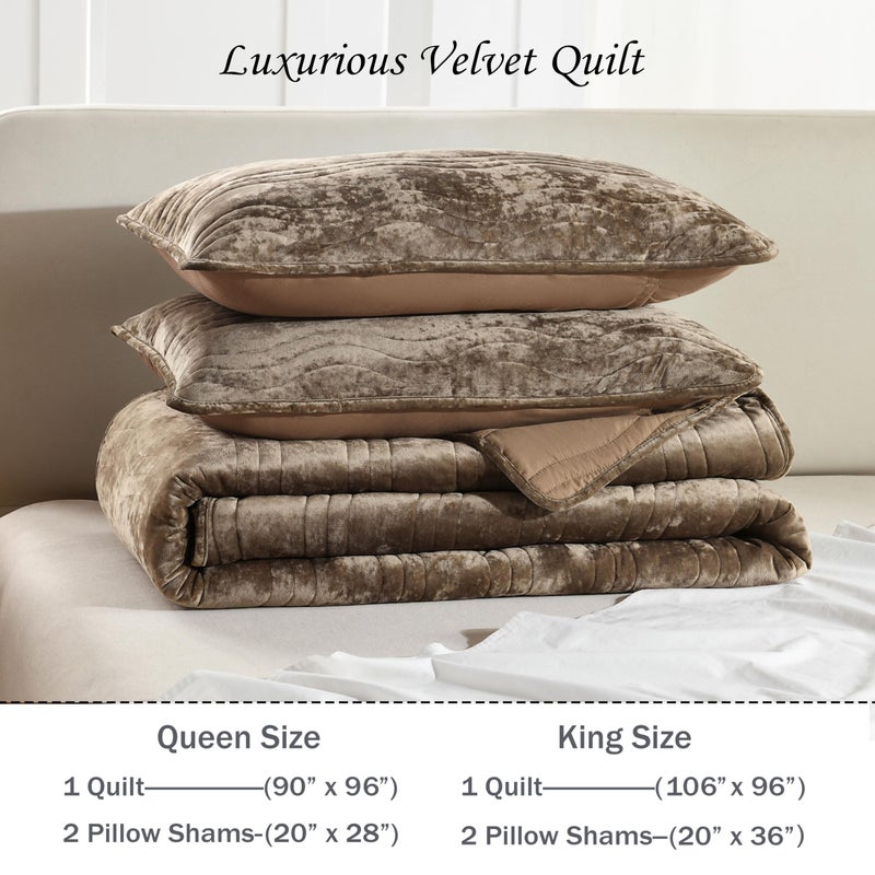 AJOCCI Velvet Quilt Set, Mocha Brown Velvet Quilt Queen Size Comforter Set, Luxury Bedding Soft Plush Bedspread, Machine Washable Coverlet, All-Season 3 Pieces - Image 5