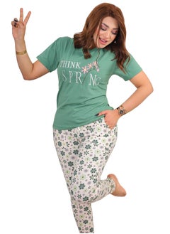 Star Tex Women's Cotton Home Summer Pajama Set Unique Design Simple Embroidery with Attractive Plaid Pants 2 Piece Set  - Image 1