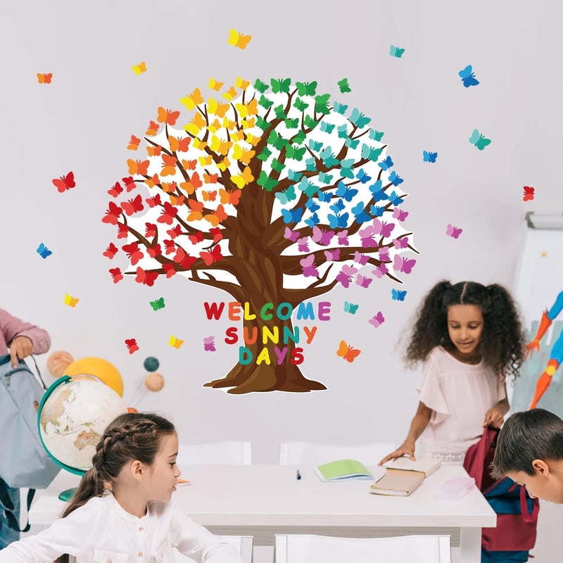 comfrt 128 Pcs Butterfly Tree Classroom Bulletin Board Decoration Welcome Sunny Days Bulletin Board Colorful Butterfly Cutouts for Classroom Wall Background School Chalkboard Supplies - Image 3