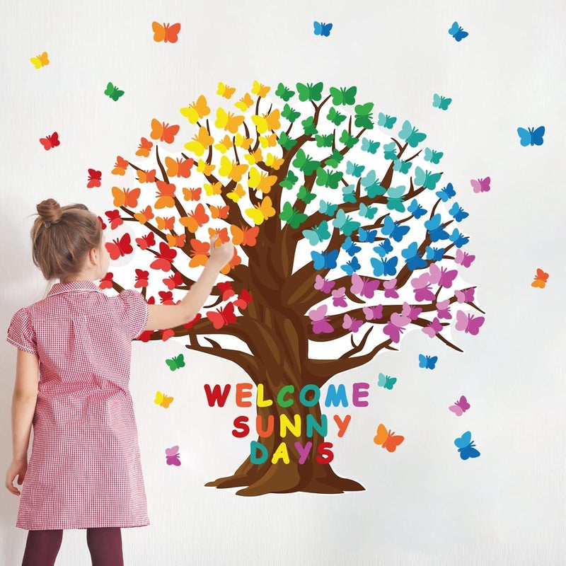 comfrt 128 Pcs Butterfly Tree Classroom Bulletin Board Decoration Welcome Sunny Days Bulletin Board Colorful Butterfly Cutouts for Classroom Wall Background School Chalkboard Supplies - Image 4