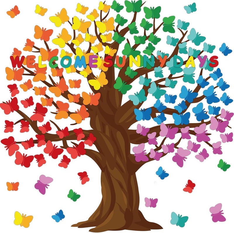 comfrt 128 Pcs Butterfly Tree Classroom Bulletin Board Decoration Welcome Sunny Days Bulletin Board Colorful Butterfly Cutouts for Classroom Wall Background School Chalkboard Supplies - Image 1