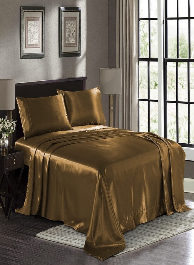 Pure Bedding Satin Sheets Twin [3-Piece, Coffee] Hotel Luxury Silky Bed Sheets - Extra Soft 1800 Microfiber Sheet Set, Wrinkle, Fade, Stain Resistant - Deep Pocket Fitted Sheet, Flat Sheet, Pillow Cases - Image 1