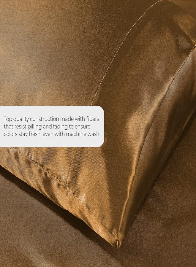 Pure Bedding Satin Sheets Twin [3-Piece, Coffee] Hotel Luxury Silky Bed Sheets - Extra Soft 1800 Microfiber Sheet Set, Wrinkle, Fade, Stain Resistant - Deep Pocket Fitted Sheet, Flat Sheet, Pillow Cases - Image 3