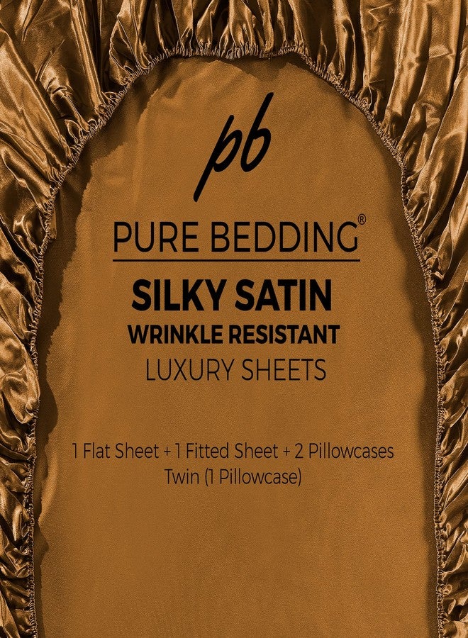 Pure Bedding Satin Sheets Twin [3-Piece, Coffee] Hotel Luxury Silky Bed Sheets - Extra Soft 1800 Microfiber Sheet Set, Wrinkle, Fade, Stain Resistant - Deep Pocket Fitted Sheet, Flat Sheet, Pillow Cases - Image 5