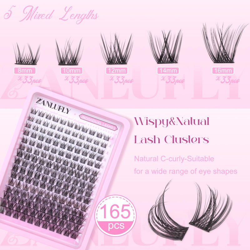 zanlufly Lash Clusters Wispy Eyelash Clusters Natural C-Curly DIY Lash Extension zanlufly 180Pcs Thin Band Individual Lashes Eyelash Extensions (8-16MM) - Image 2