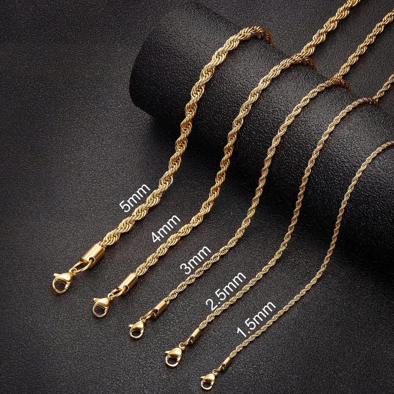 Monily 24K Gold-Plated 3MM 22 Inches Stainless Steel Twist Rope Chain Necklace Mens Womens Necklace Jewelry - Image 5