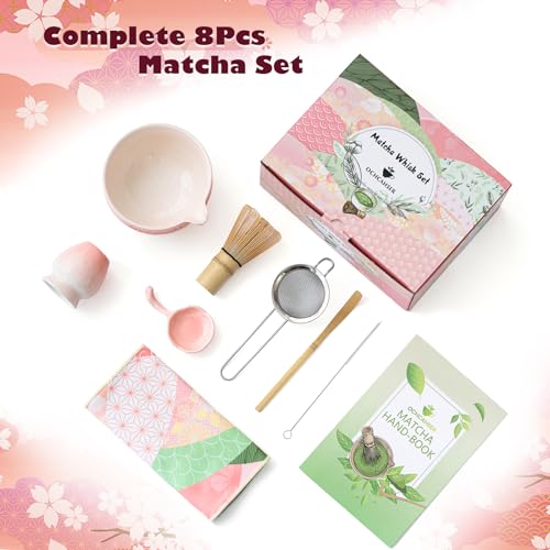 Ochcahser Matcha Tea Set 8 Pcs Japanese Matcha Kit with Cherry Blossom and Wave Design Ceramic Bowl Bamboo Whisk Whisk Holder Scoop Sifter Brush Matcha Kit Set for Matcha Lovers Pink Gradient - Image 3