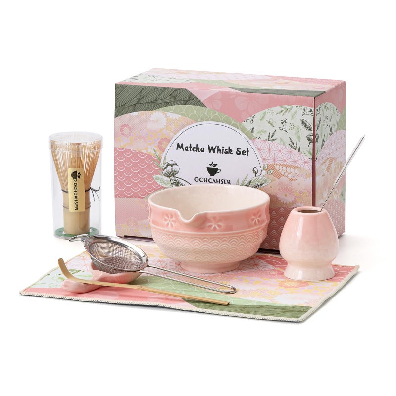 Ochcahser Matcha Tea Set 8 Pcs Japanese Matcha Kit with Cherry Blossom and Wave Design Ceramic Bowl Bamboo Whisk Whisk Holder Scoop Sifter Brush Matcha Kit Set for Matcha Lovers Pink Gradient - Image 2