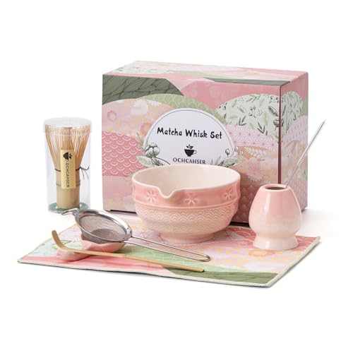 Ochcahser Matcha Tea Set 8 Pcs Japanese Matcha Kit with Cherry Blossom and Wave Design Ceramic Bowl Bamboo Whisk Whisk Holder Scoop Sifter Brush Matcha Kit Set for Matcha Lovers Pink Gradient - Image 1