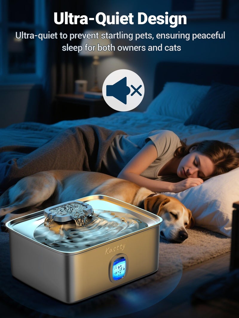 Kastty 4 Gal Dog Water Fountain for Large Dogs,15L Stainless Steel Dog Water Bowl Dispenser Triple Filtration,Ultra Quiet Automatic Pet Water Fountain with Water Level Window and LED Light(FS76) - Image 4