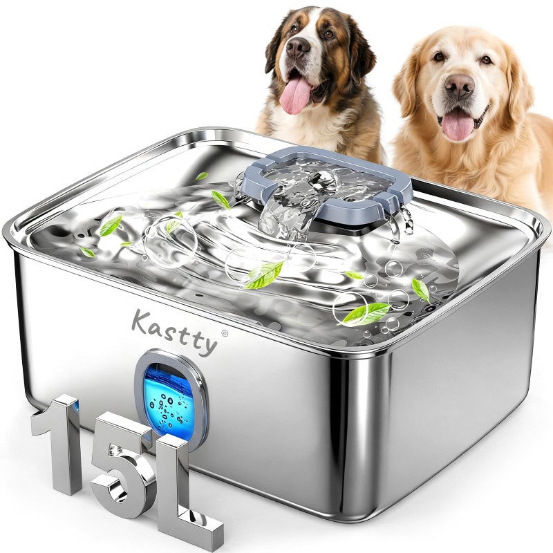 Kastty 4 Gal Dog Water Fountain for Large Dogs,15L Stainless Steel Dog Water Bowl Dispenser Triple Filtration,Ultra Quiet Automatic Pet Water Fountain with Water Level Window and LED Light(FS76) - Image 1