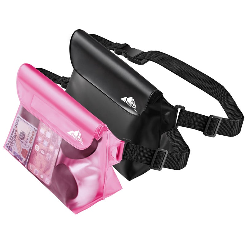 HEETA 2-Pack Waterproof Pouch with Waist Strap, Screen Touchable Dry Bag with Adjustable Belt for Phone Valuables for Kayaking Swimming Snorkeling Boating Fishing Surfing Beach (Black & Pink) - Image 1