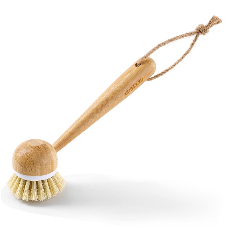 Subekyu Dish Brush With Handle Natural Bamboo Dish Scrubber Brush Kitchen Dishwashing Brush For Cleaning Dishes/Pans/Pots/Sinks Sisal Bristles 2P - Image 3