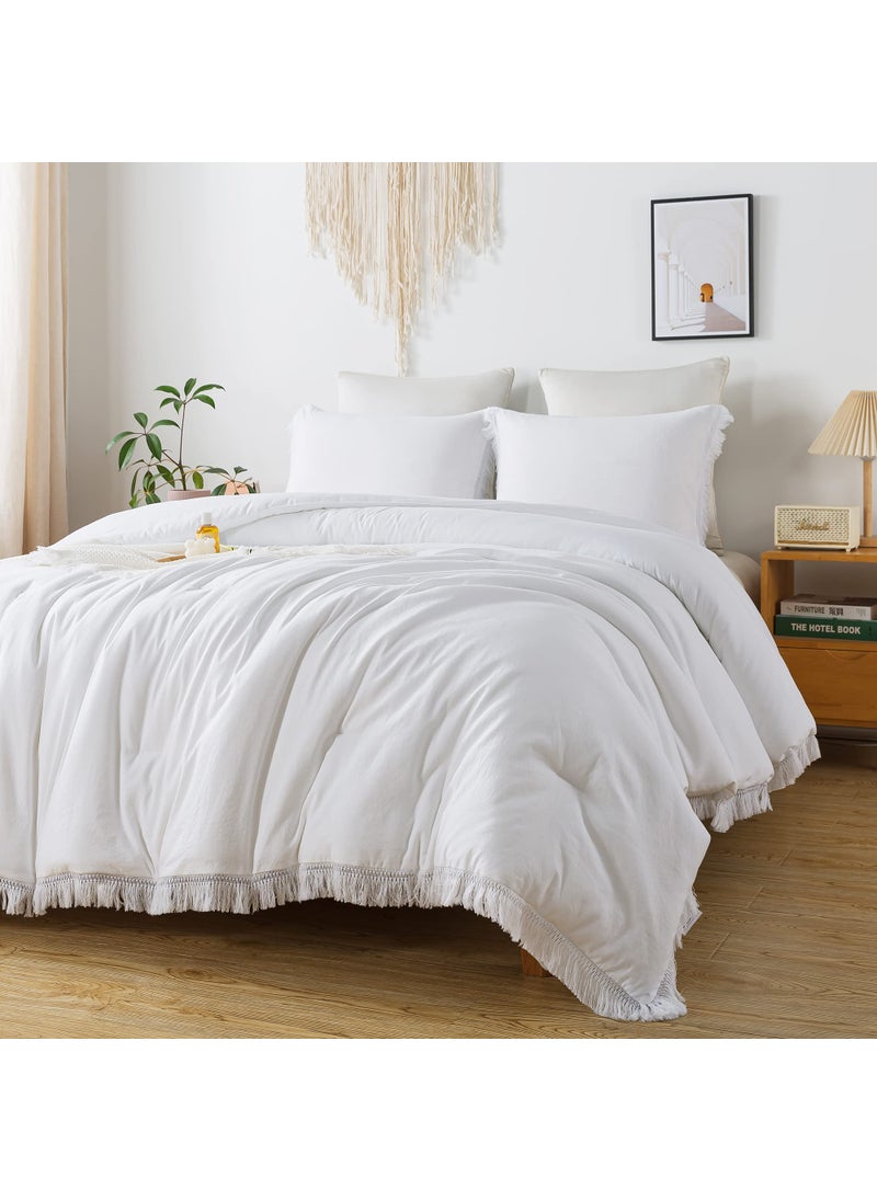 Andency Andency White Comforter Set Twin Size  2 Pieces Boho Lightweight Tassel Bedding Comforter Sets  All Season Soft Fluffy Fringe Bed Set (66x90In Comforter & 1 Pillowcase)  - Image 1