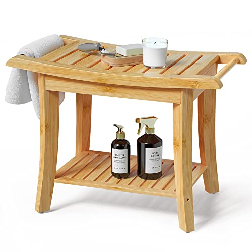 Bamfan Bamboo Shower Bench Inside Shower Stool with SpaceEfficient Storage Shelf Shower Bath Chairs Spa Seats for Bathroom Great for All Ages Unisex Elderly Waterproof Natural - Image 2