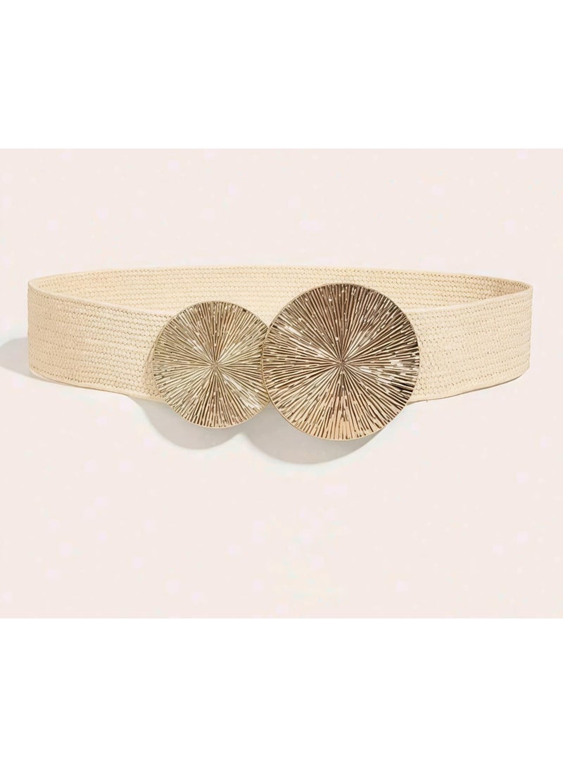 Shein 1pc Apricot Elastic Woven Waist Belt With Round Metal Buckle - Image 2