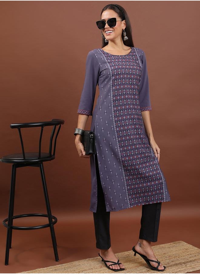 Vishudh Purple Geometric Printed Round Neck Thread Work Straight Kurta by Styli  - Image 4