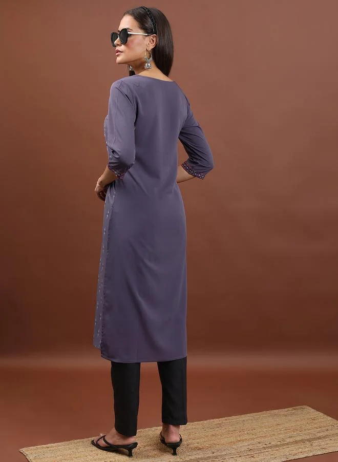 Vishudh Vishudh Purple Geometric Printed Round Neck Thread Work Straight Kurta
