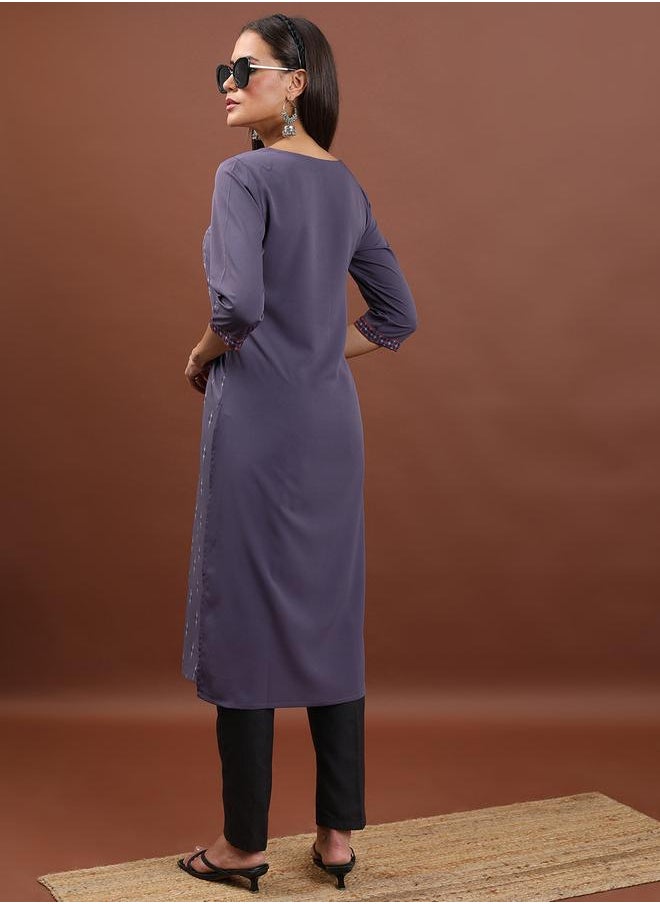 Vishudh Purple Geometric Printed Round Neck Thread Work Straight Kurta by Styli  - Image 3