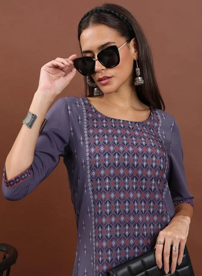 Vishudh Vishudh Purple Geometric Printed Round Neck Thread Work Straight Kurta