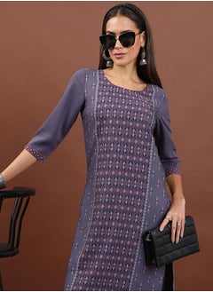 Vishudh Purple Geometric Printed Round Neck Thread Work Straight Kurta  - Image 1